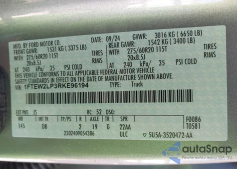 2024 Ford F-150 Stx из США, поврежденный, VIN 1FTEW2LP3RKE96194